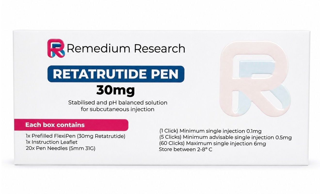 Retatrutide Pen 30mg by Remedium Research, white and pink product box with blue text