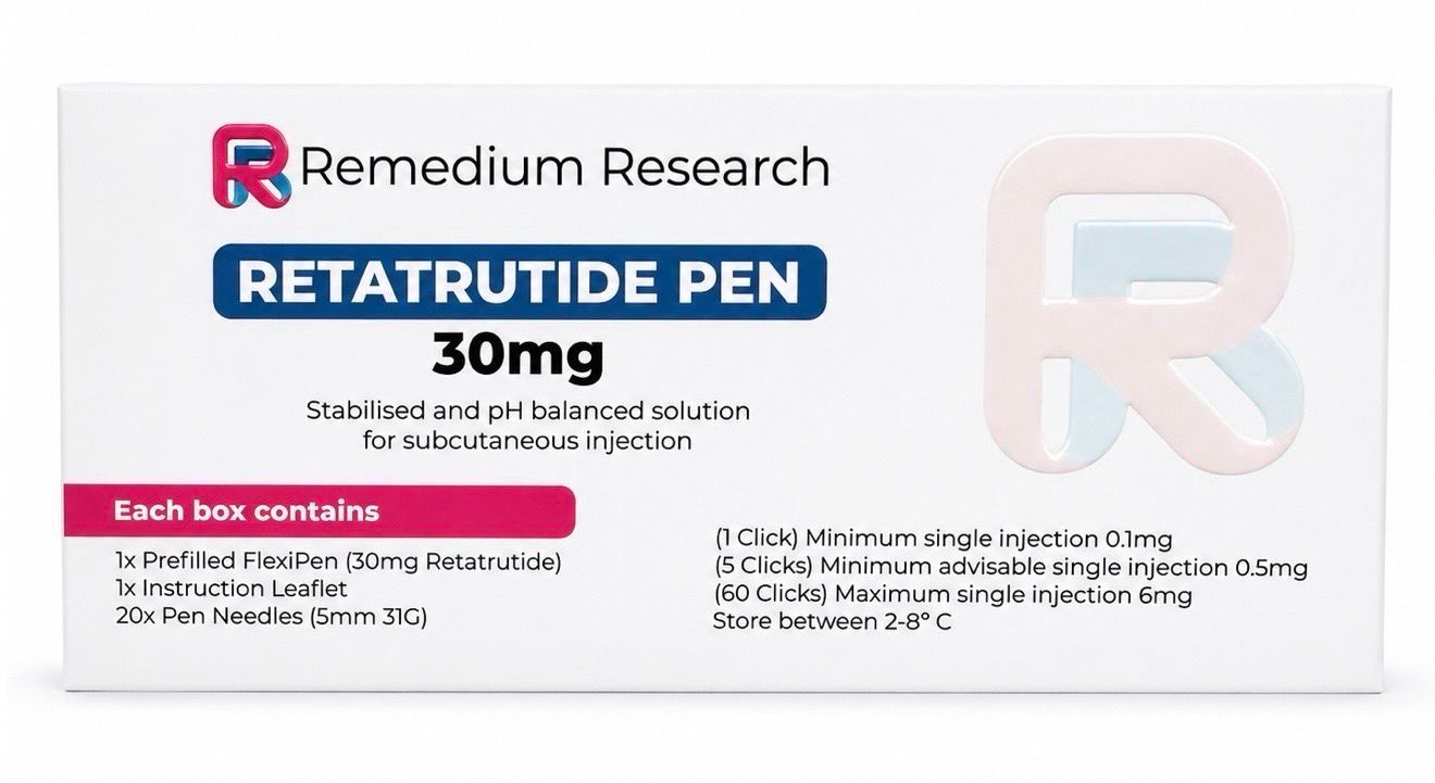 Retatrutide pen 30mg medication box by Remedium Research, white packaging with blue and pink text