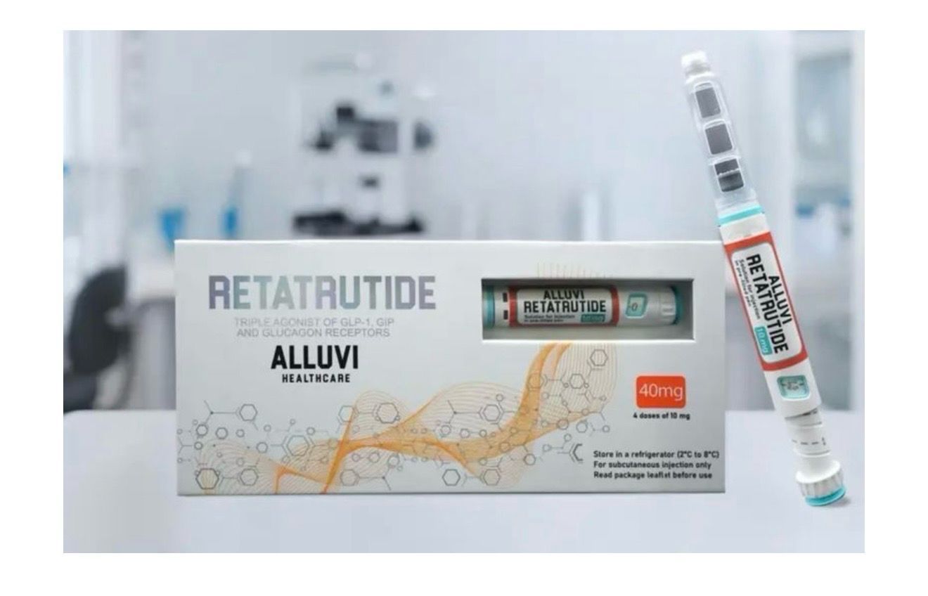 Retatrutide Alluv box and injection pen on a white surface in a clinical setting