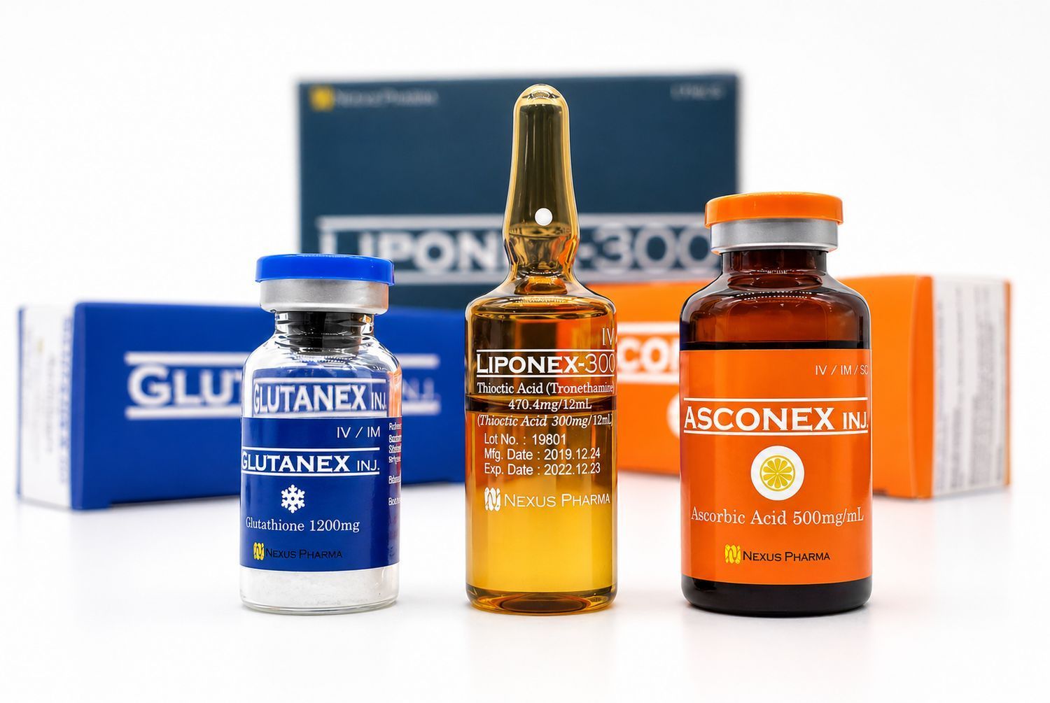 Three Glanatex medicine vials in blue, amber, and orange labels on a white surface with boxes behind them