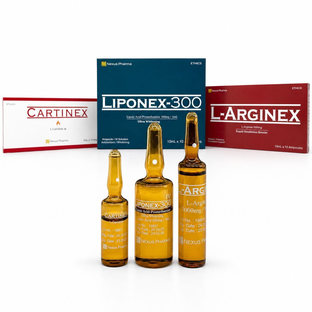 Medicine boxes and amber ampoules labeled Cartinex, Liponex-300, and Arginex on white background
