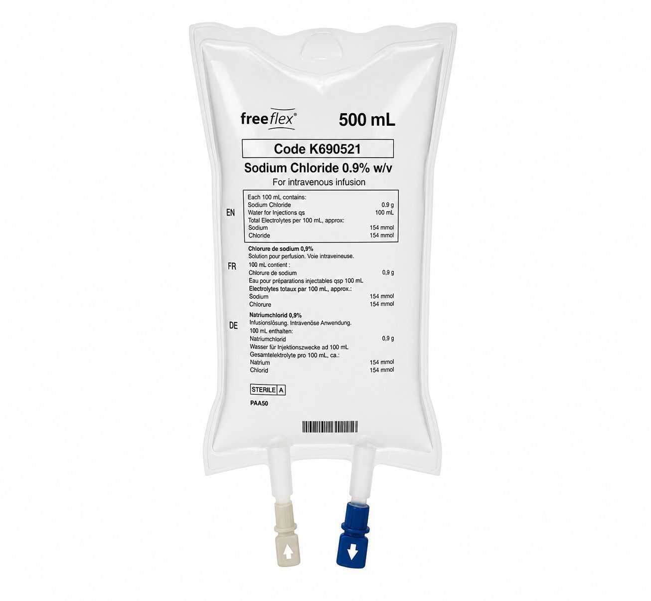 500 mL saline IV bag with labels and two ports, one blue and one white