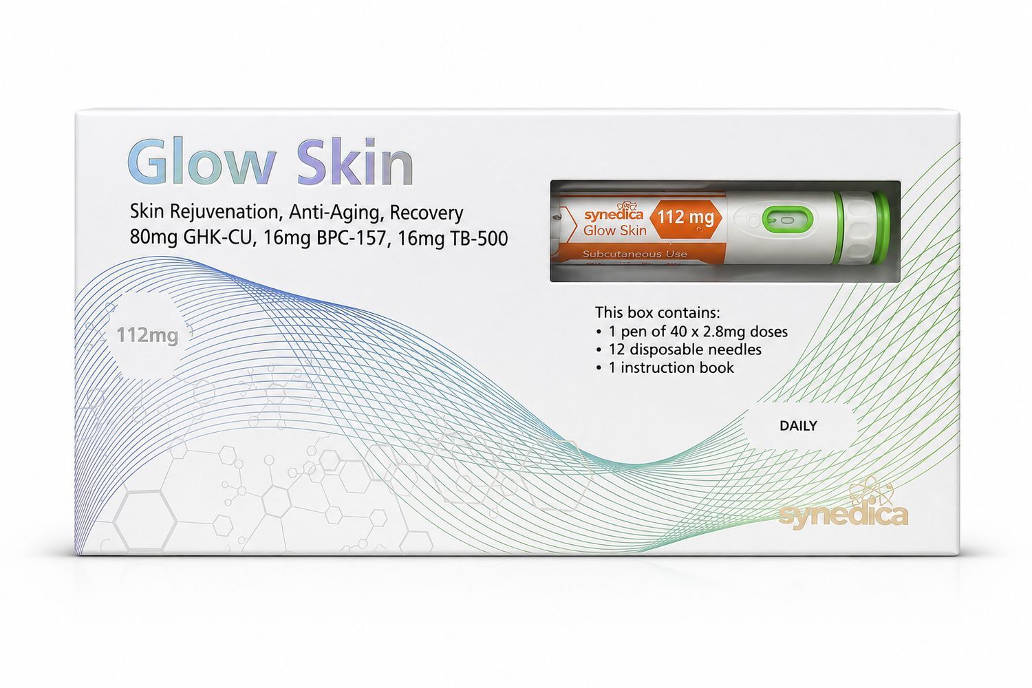 Glow Skin skincare box with a syringe illustration in white, green, and orange packaging