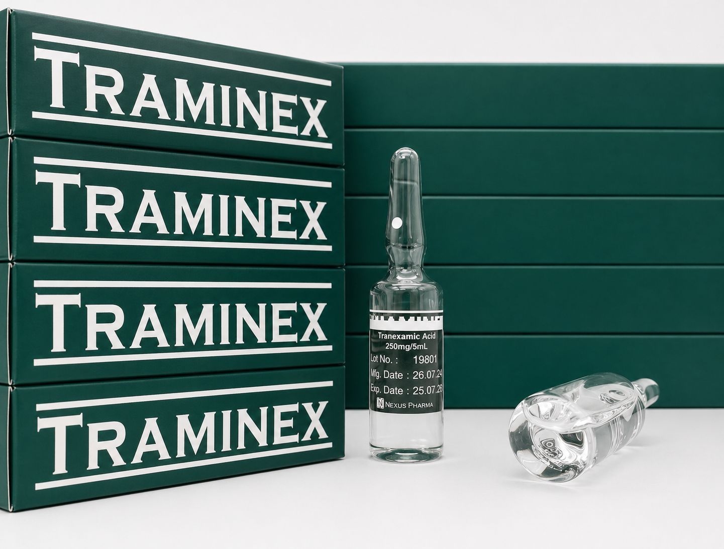 Green TRAMINEX boxes beside a small vial and a crumpled clear bottle on a white surface