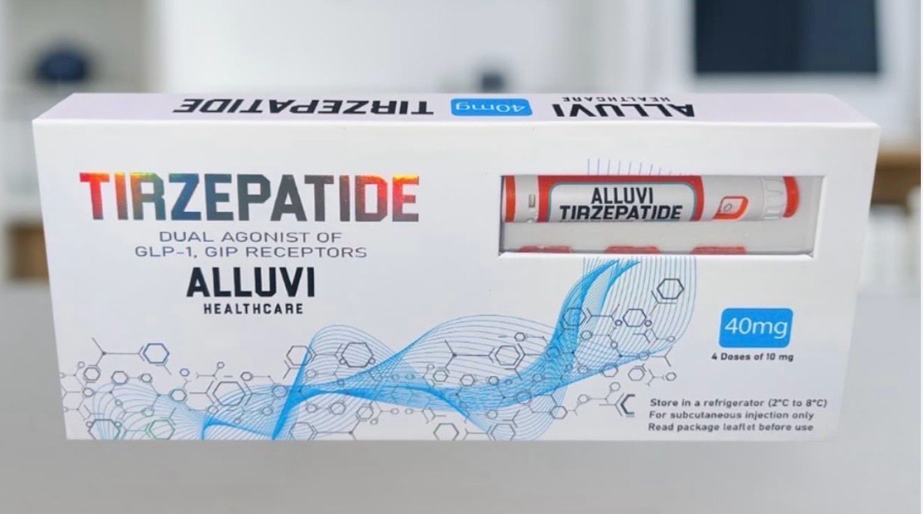 Tirzepatide Alluvi HealthCare box on a table, white packaging with blue graphics and 40mg label