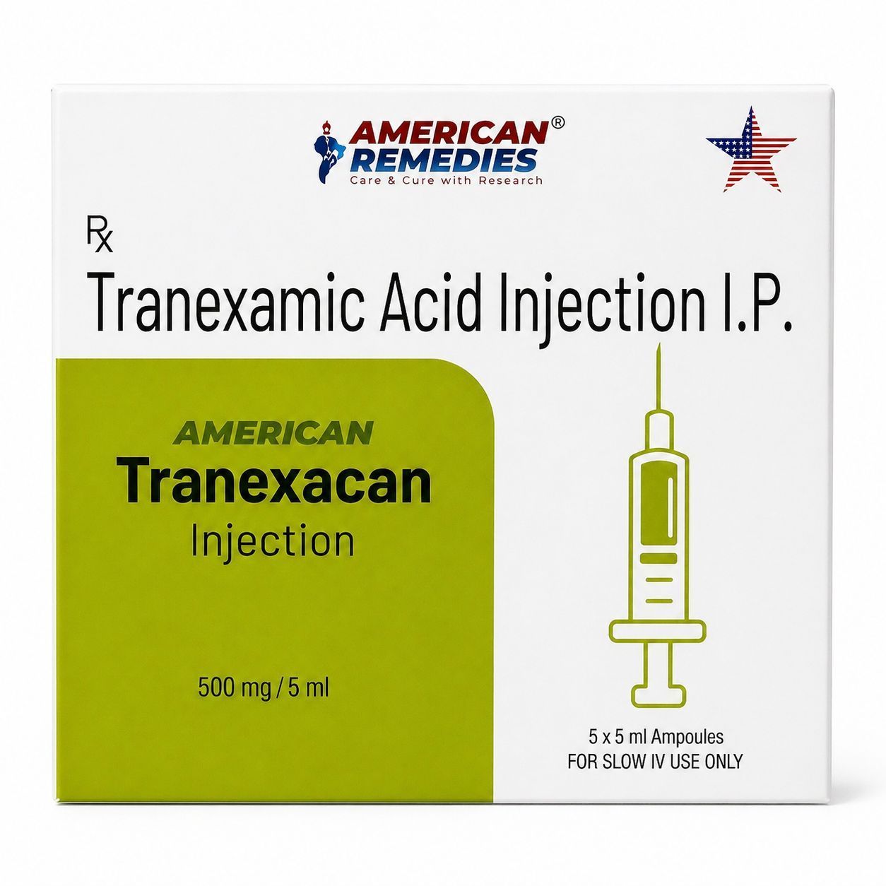 Trancanexan injection box, white and green packaging for tranexamic acid injection I.P.