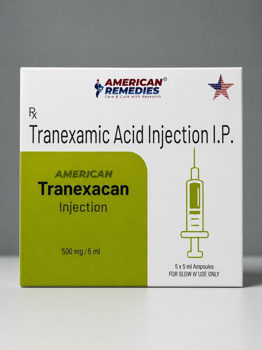 Tranexamic Acid Injection I.P. box, white and green packaging with syringe illustration