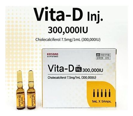 Vita-D InJ 300,000 IU cholecalciferol injection box and ampoules on white background