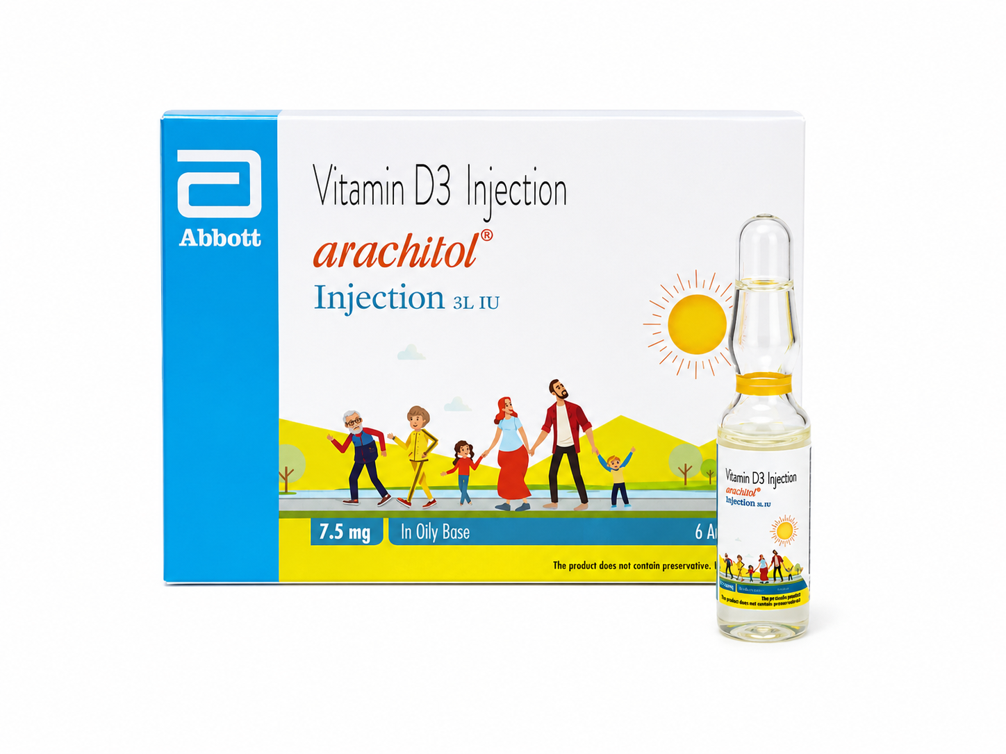 Abbott Vitamin D3 injection box and vial with bright blue and yellow packaging