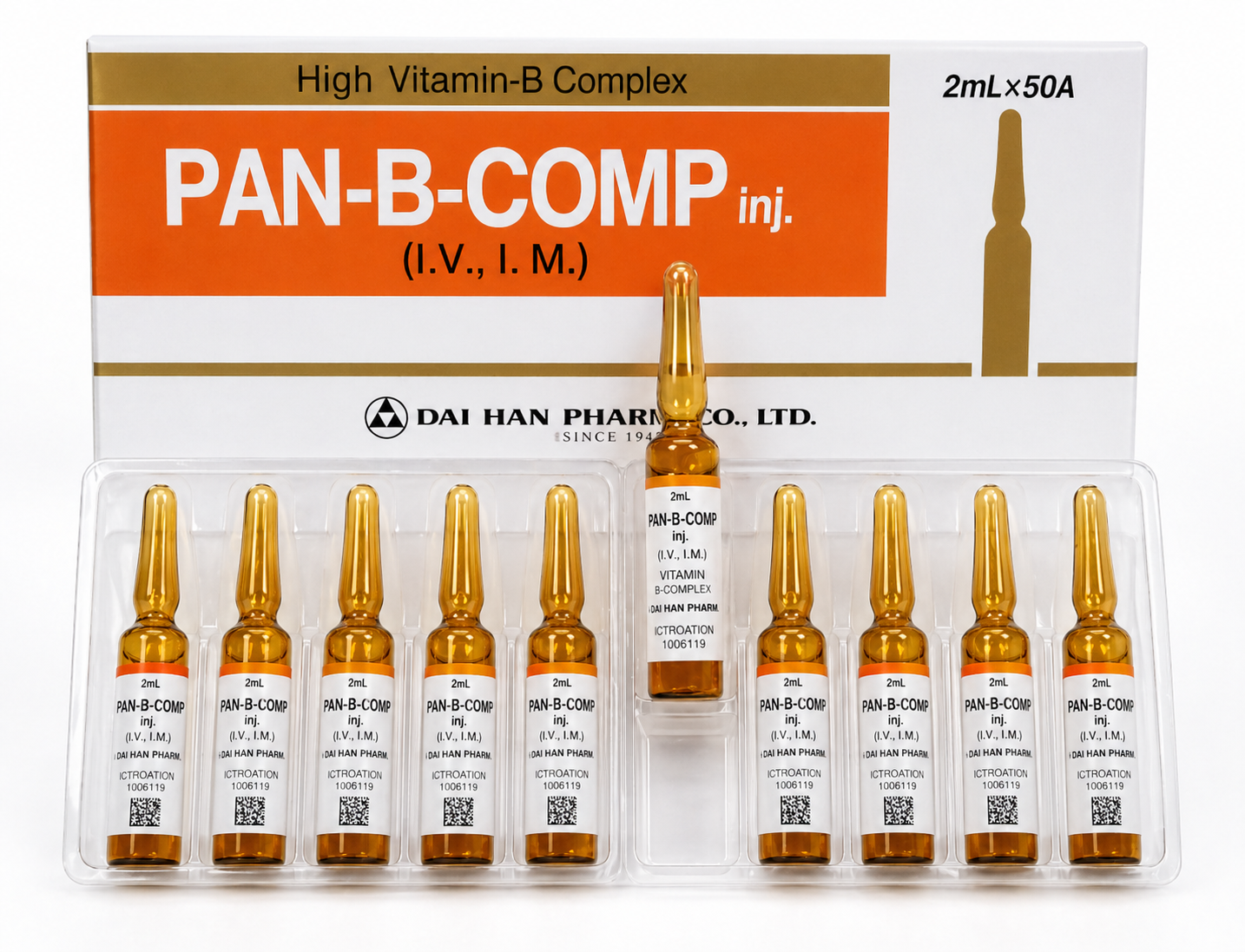 PAN-B-COMP injectable vitamin B complex ampoules and box on white background