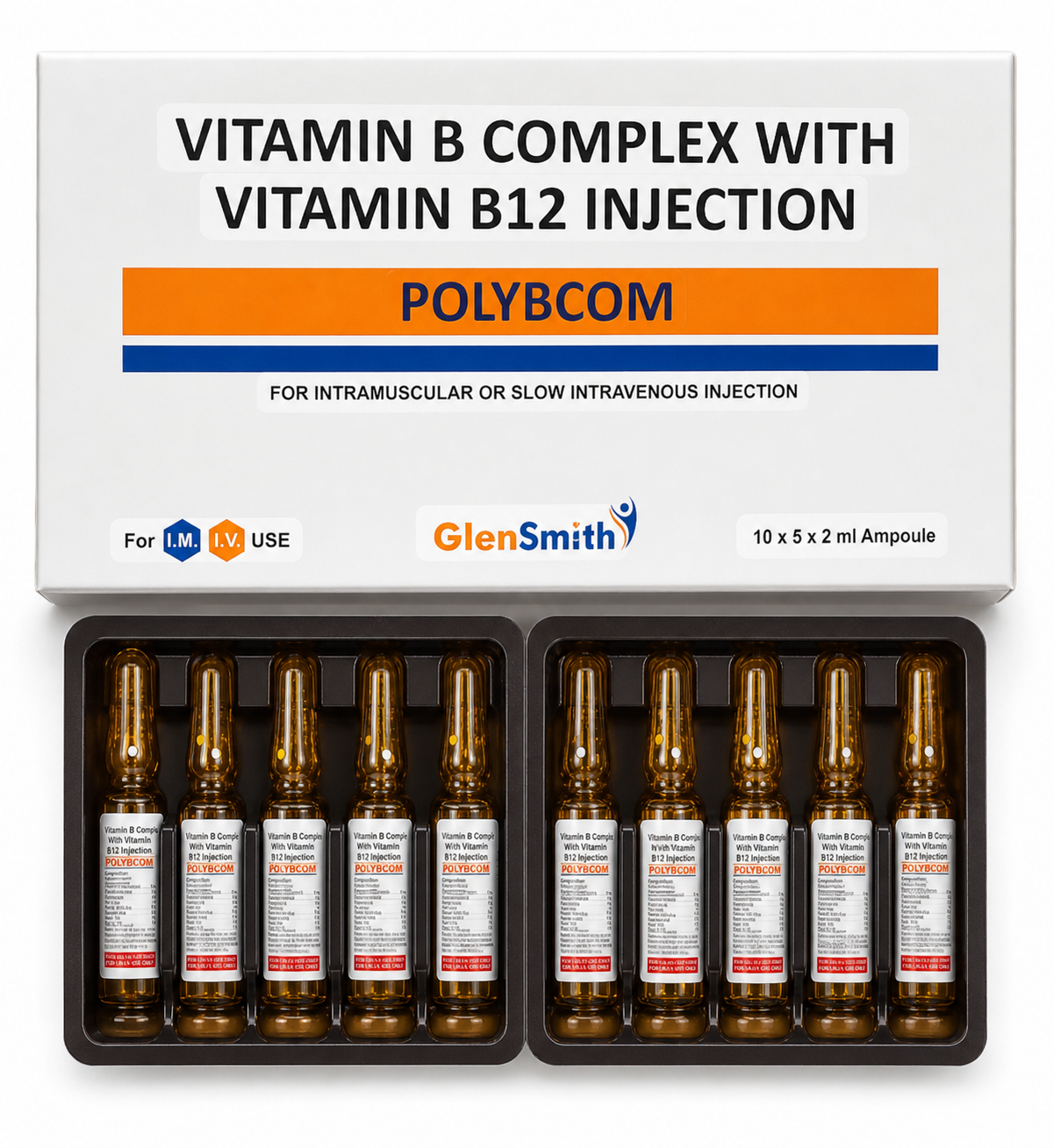 Box of POLYBCOM vitamin B12 injection ampoules in a tray, white and orange packaging.