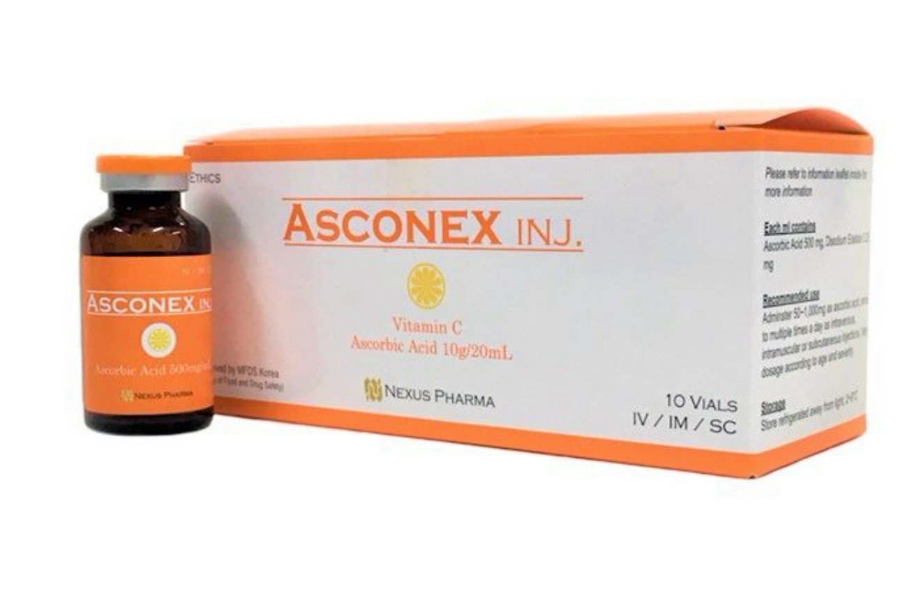 Asconex injection vial and orange-and-white box packaging on a white background