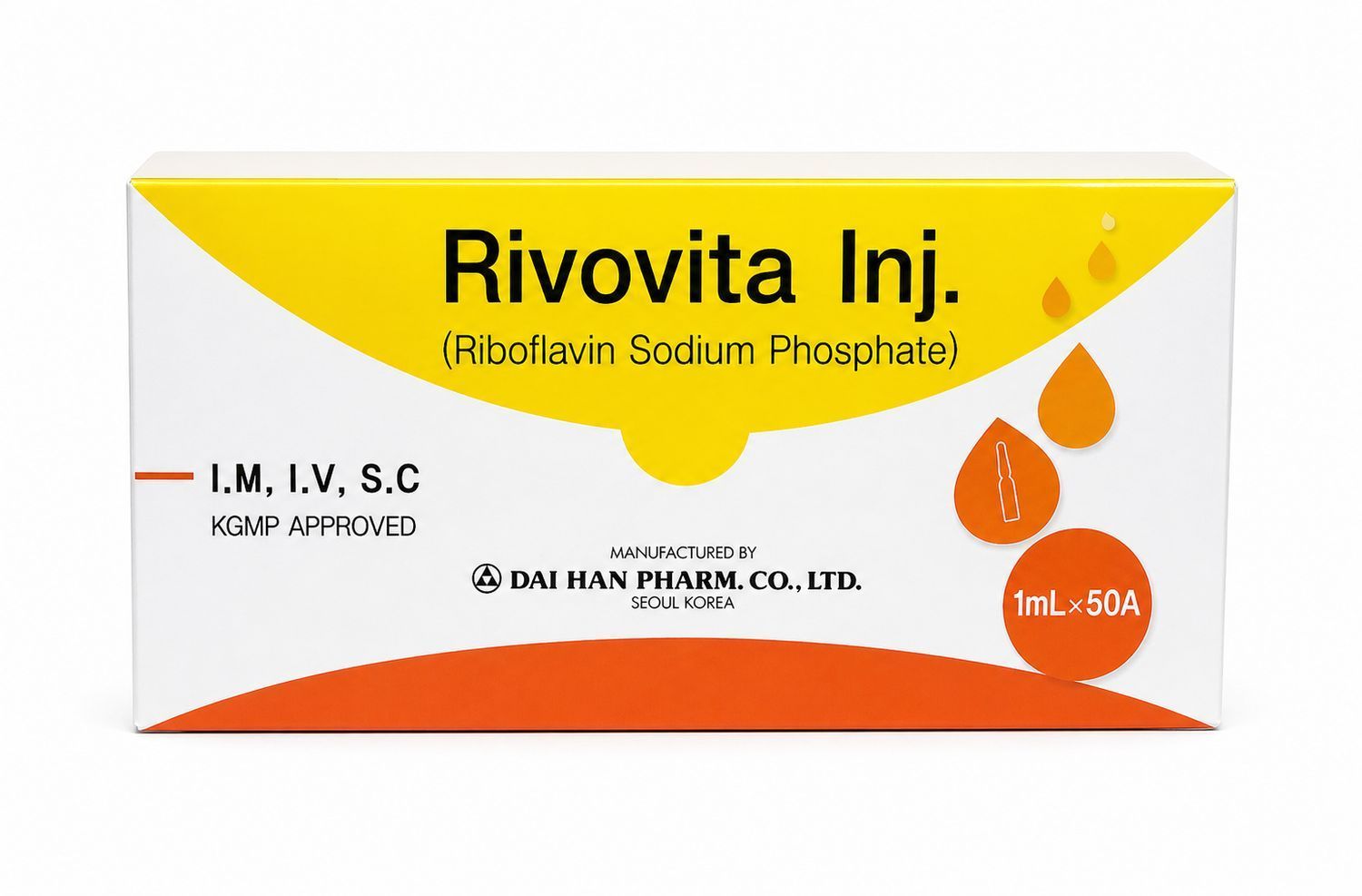 Rivovita injection box, yellow and white packaging with orange accents and product details