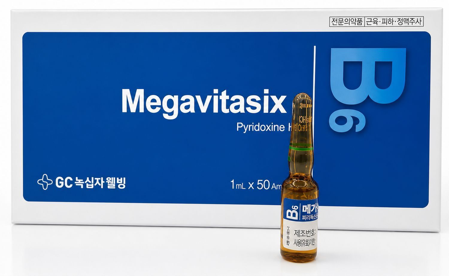 Blue Megavitasix B6 box with a small ampoule bottle in front on a white background
