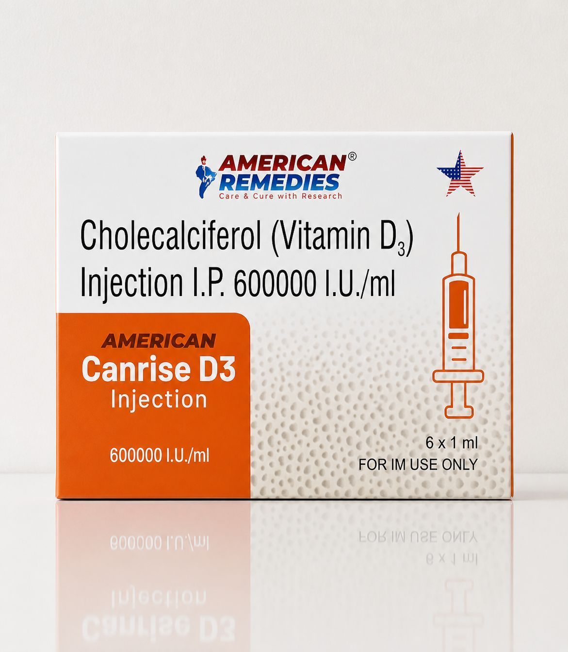 Box of American Remedies Calciferol (Vitamin D3) Injection I.P. 600000 I.U./ml, orange and white packaging