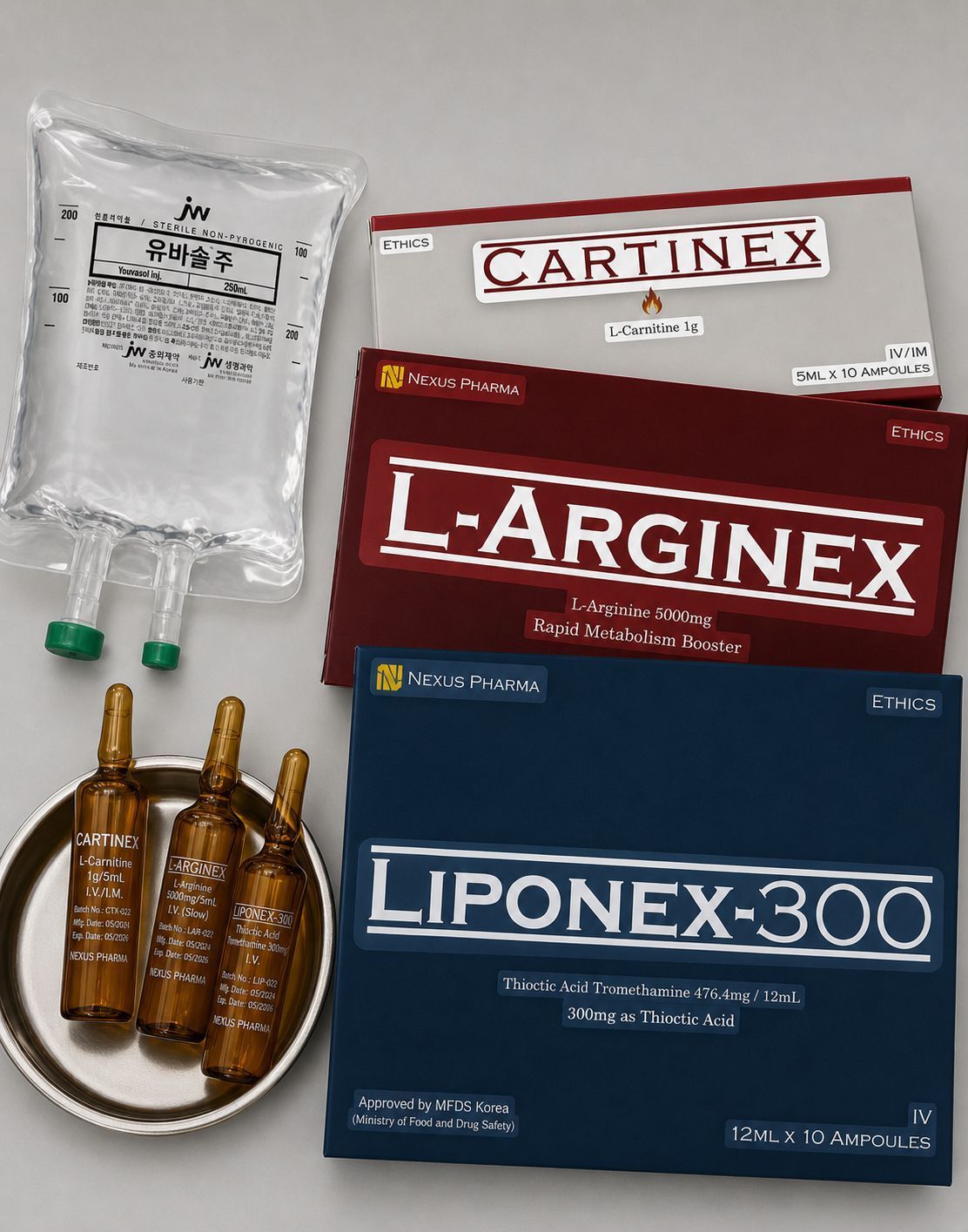 Assorted medicines and supplements in boxes, sachets, and amber ampoules on a white surface