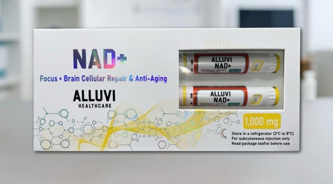 NAD+ Alluvi anti-aging supplement box with two vials, white and yellow packaging