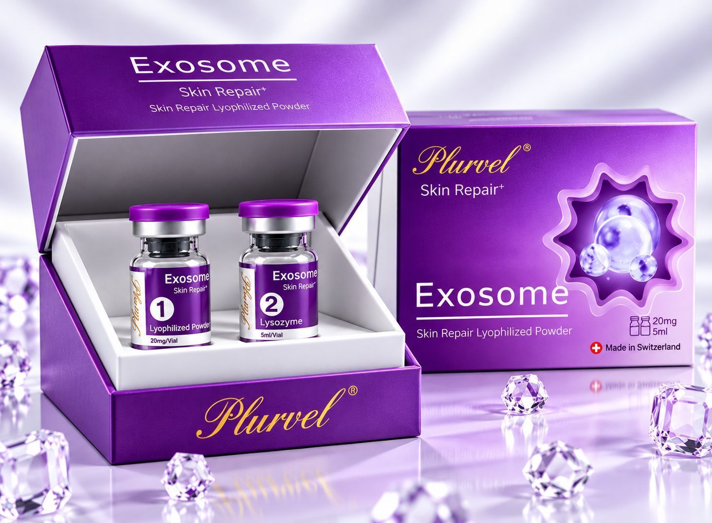 Purple Exosome skincare set with two vials and a product box on a glossy surface
