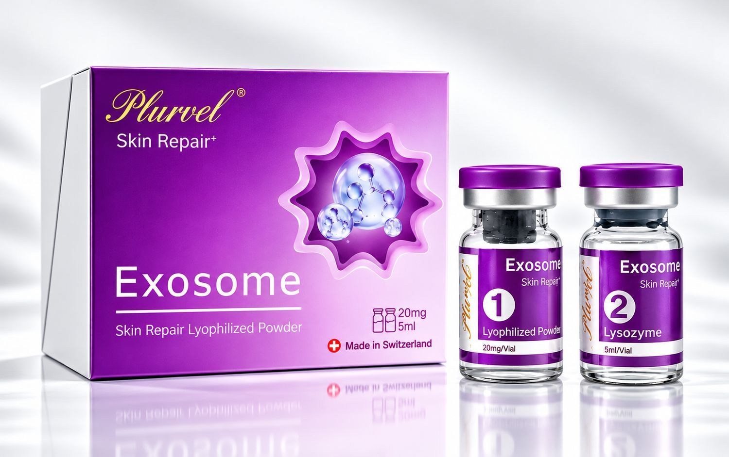 Purple skincare Exosome product box and two small vial bottles on a white background