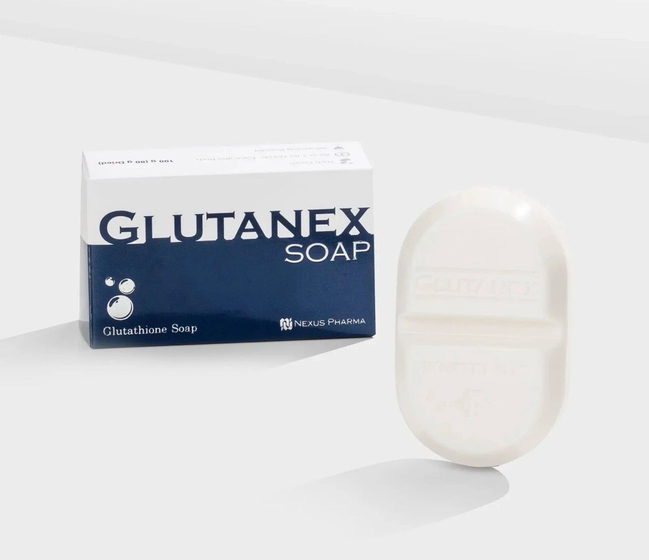 Glutanex Soap box and white soap bar on a light background