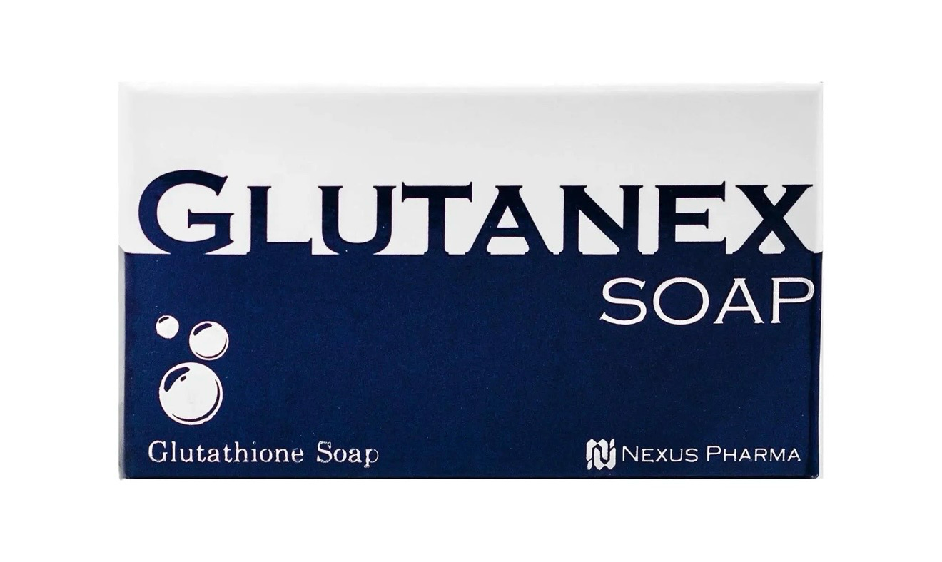 Glutanex soap box with dark blue and white packaging, featuring Glutathione Soap and Niveos Pharma branding