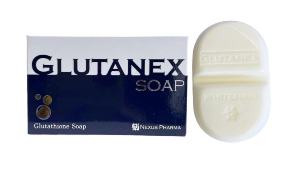GLUTANEX soap box and white oval bar on white background, branded “Glutathione Soap”
