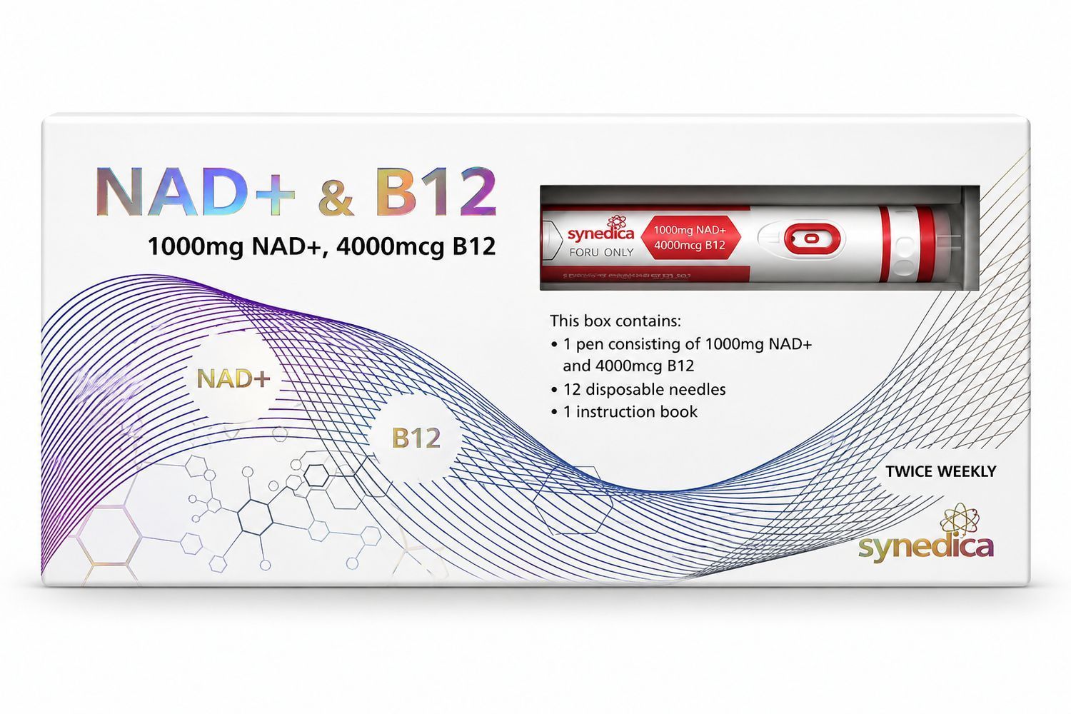 NAD+ & B12 supplement box with white and purple design and a syringe illustration