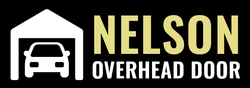 Logo for Nelson Overhead Door, featuring a white garage graphic and gold text on a black background.
