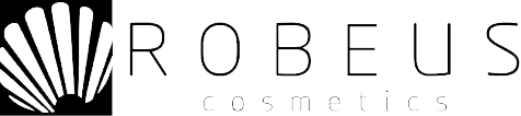 Logo per Robeus Cosmetics: una conchiglia bianca sulla sinistra, con la parola 