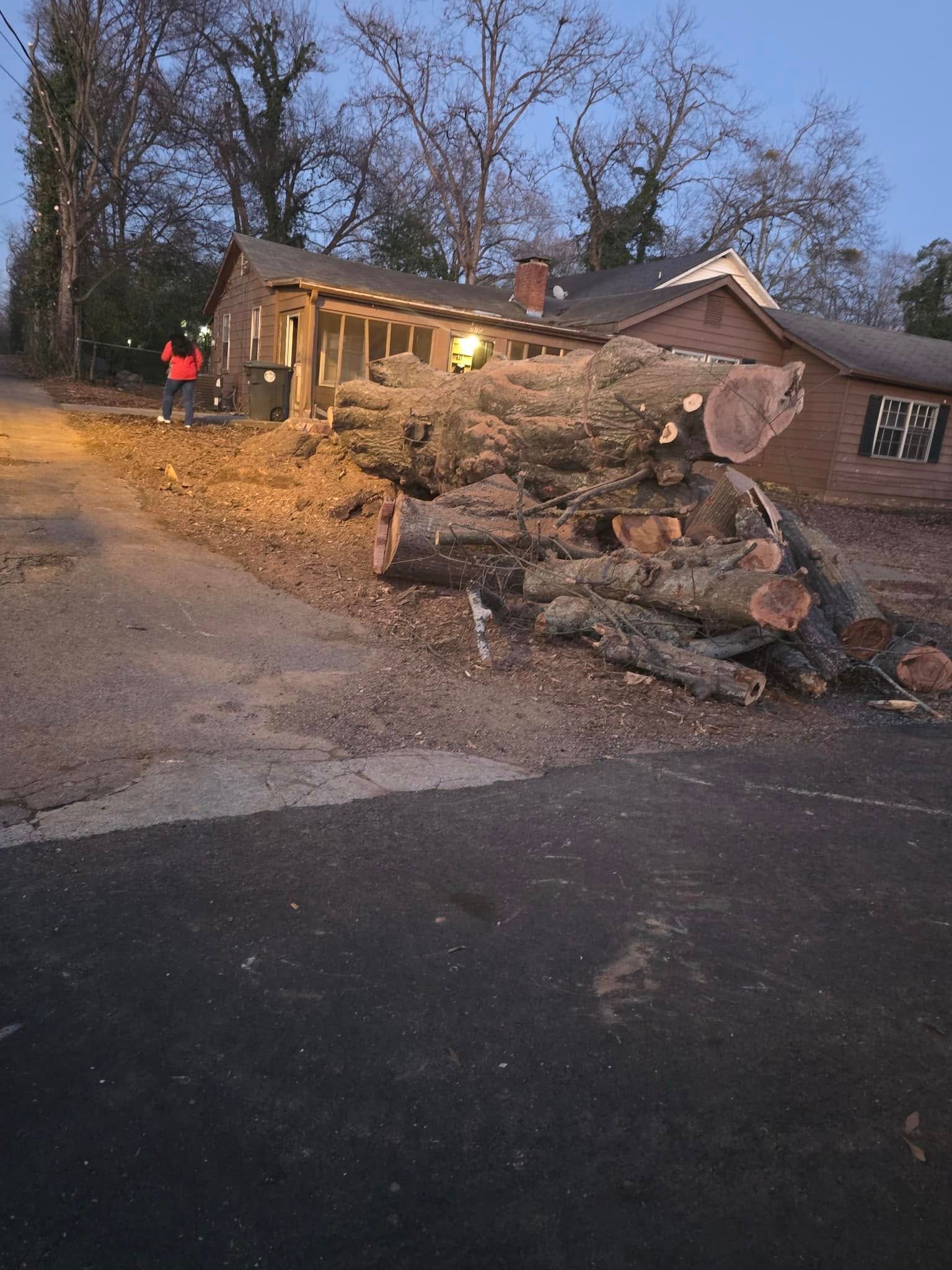 A pile of logs is sitting in front of a house.