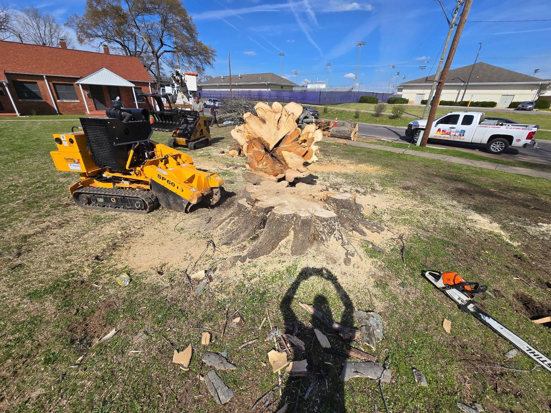 A large tree stump is being removed by a stump grinder.