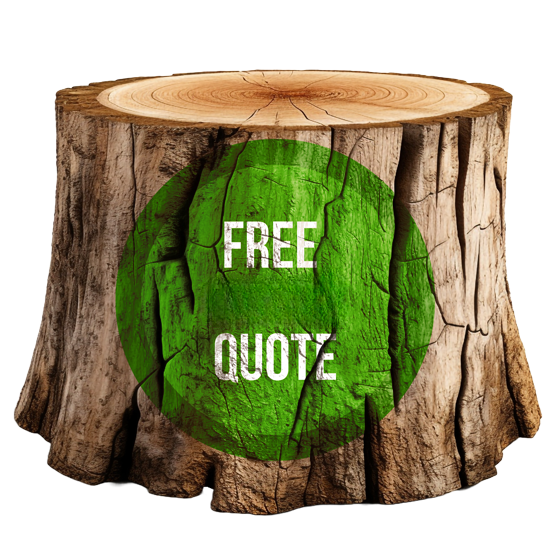 A tree stump with a green circle that says free online quote