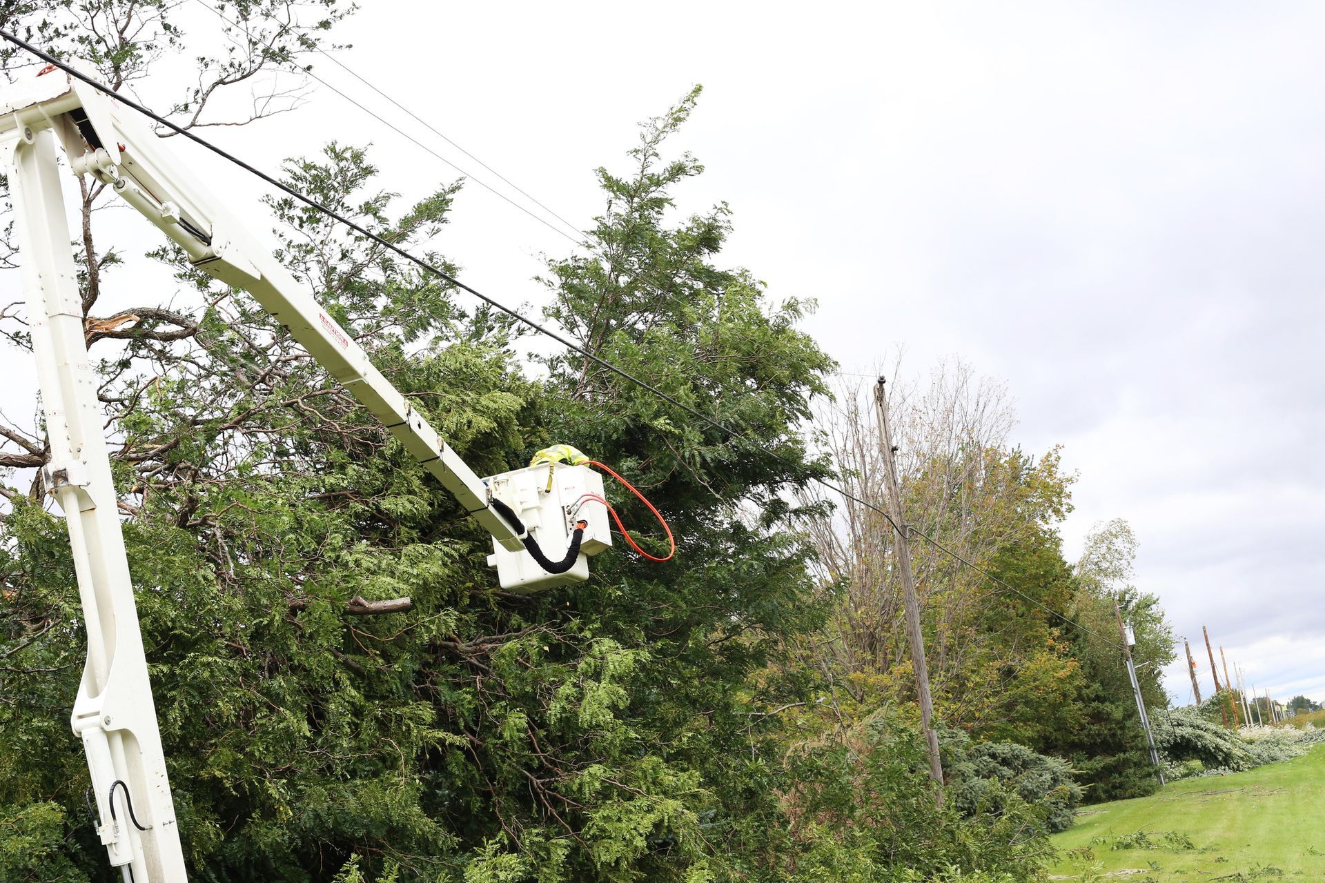 A man in a bucket is working on a power line.