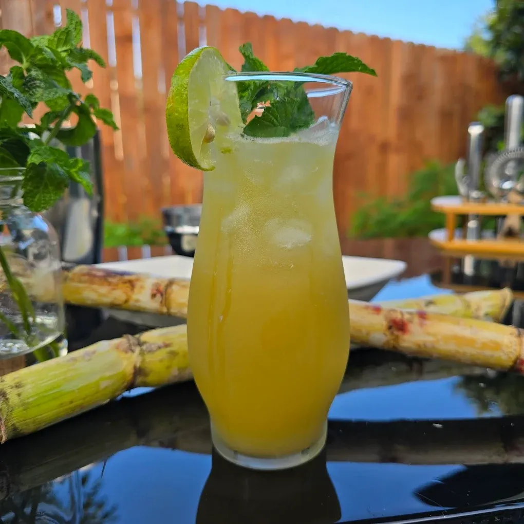 Tall glass of yellow cocktail with lime & mint garnish, sugarcane, backyard setting.