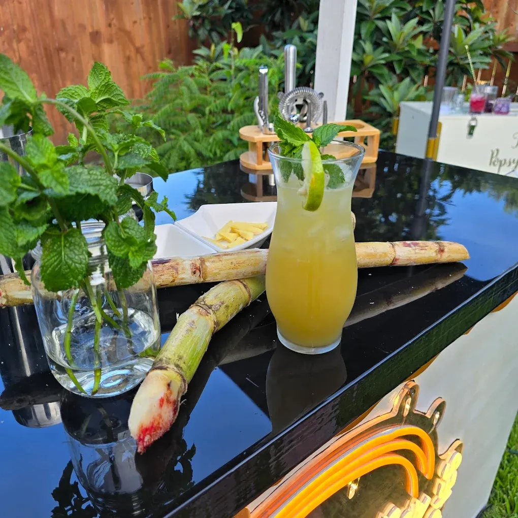 Cocktail on a black bar with sugar cane, mint, and a garden background.