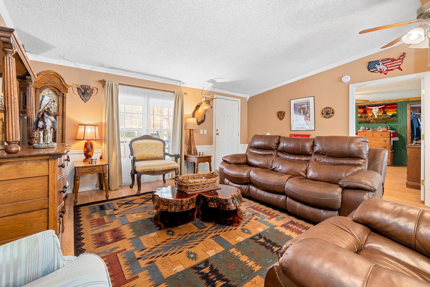 Cozy living room with brown leather sofas, patterned rug, wooden cabinet, and sunlight through curtained window