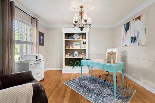 Bright home office with turquoise desk, bookshelf, chandelier, rug, and window light
