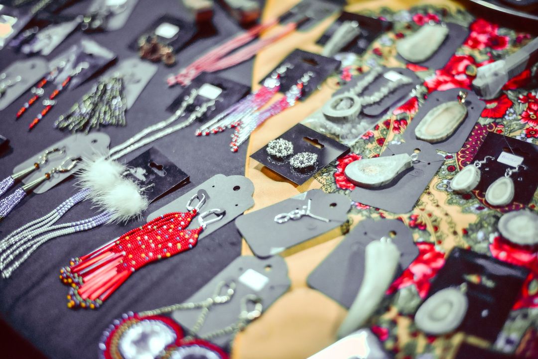 An assortment of hand crafted jewellery including beading, crystals and antler.