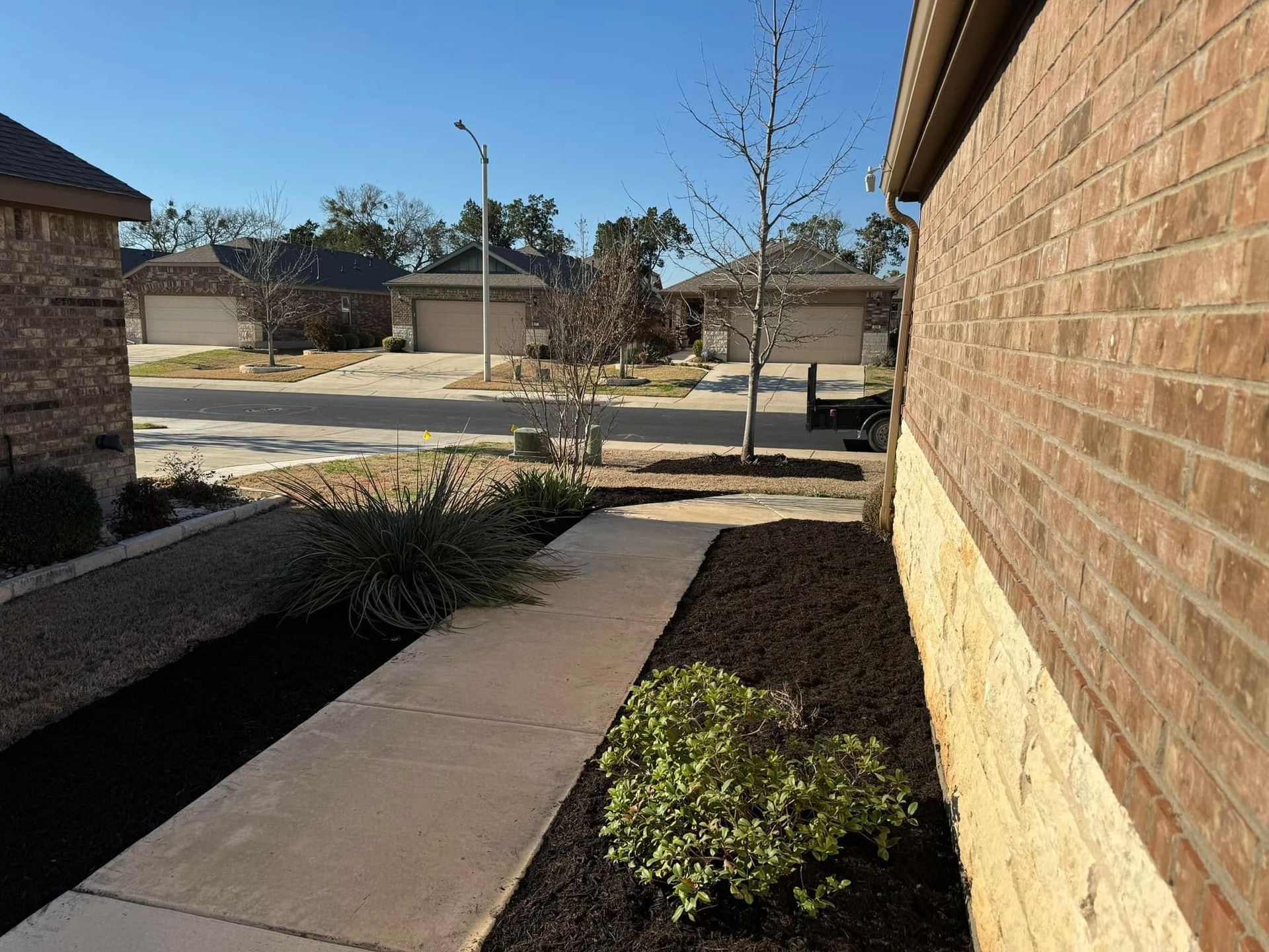 Sidewalk leading to a brick house, bordered by plants and dark mulch, with neighborhood homes in the background.