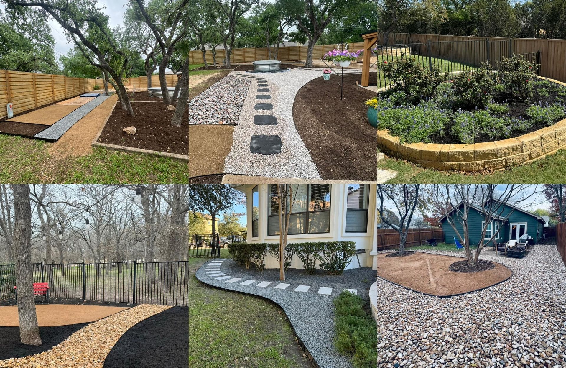 Six garden pathways and beds featuring gravel, stone steps, and landscaping near houses and trees.