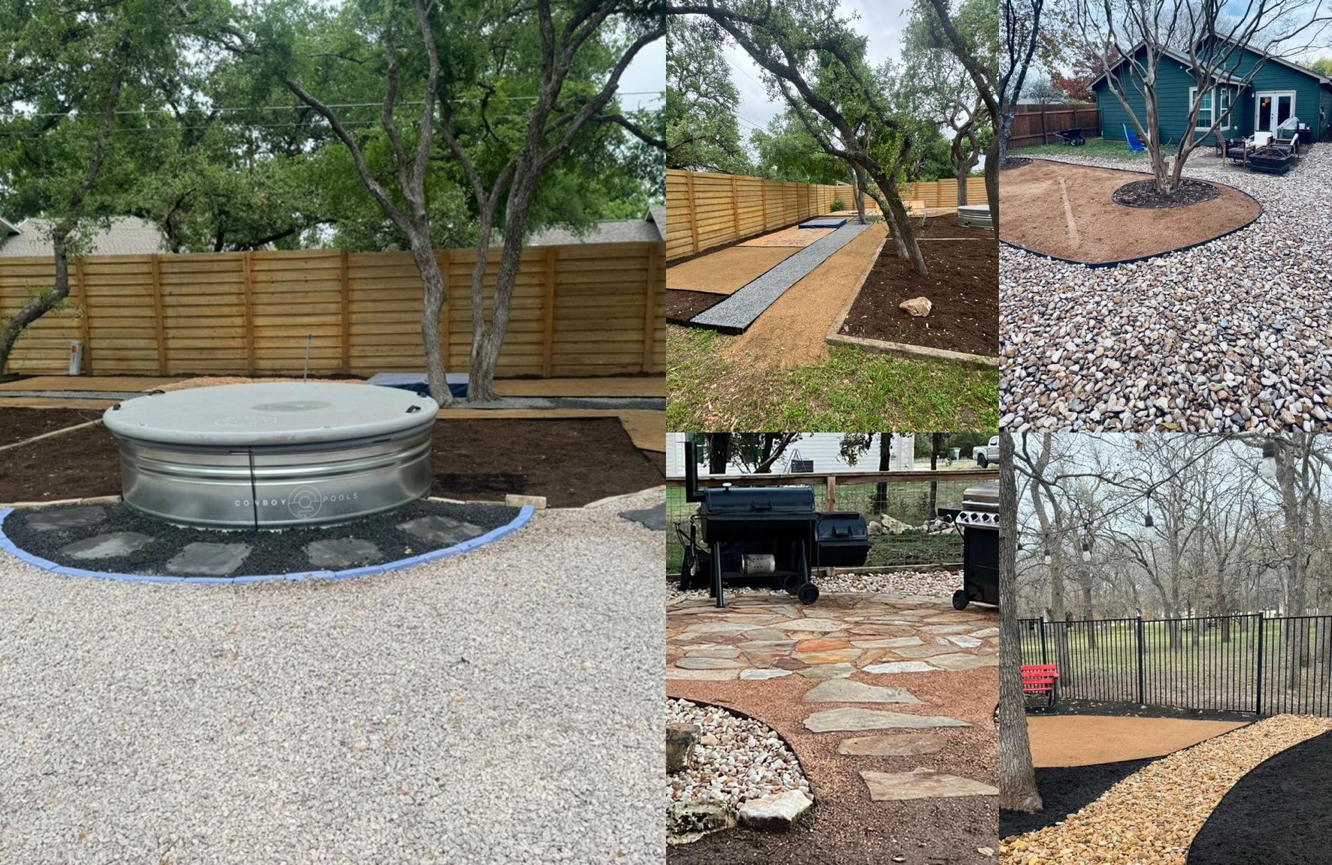 Composite of backyard landscaping scenes with various gravel pathways, patios, and a fire pit.