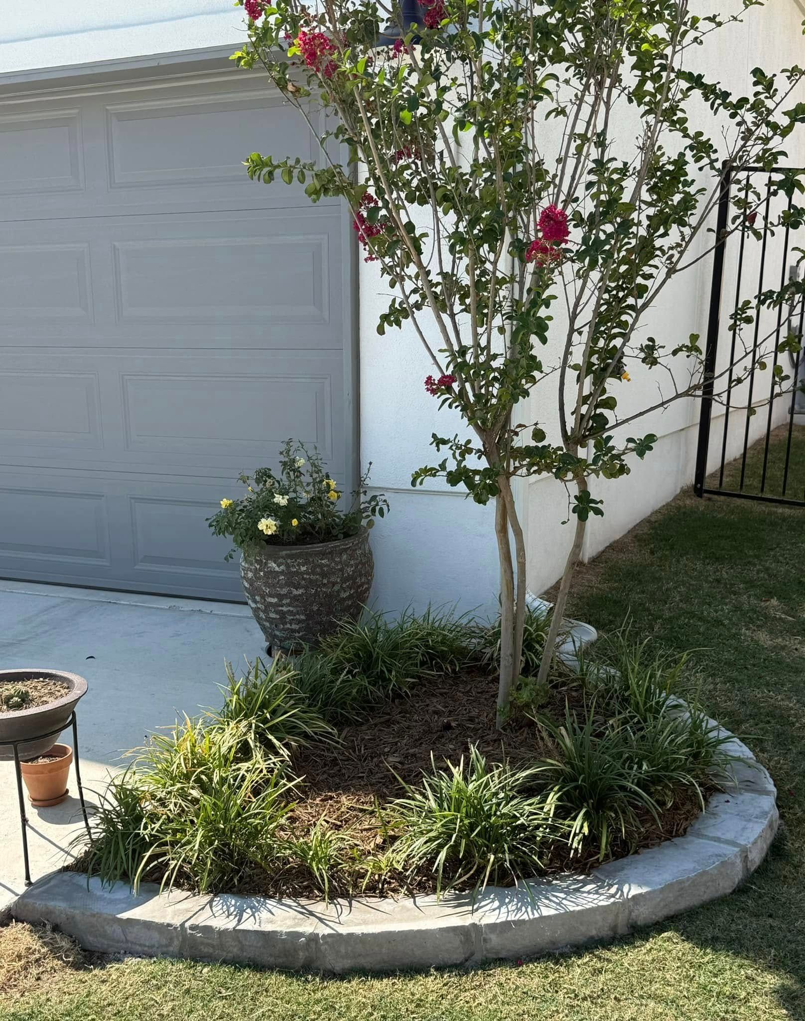 Landscaped yard with tree, flower pot, and retaining wall next to a garage.