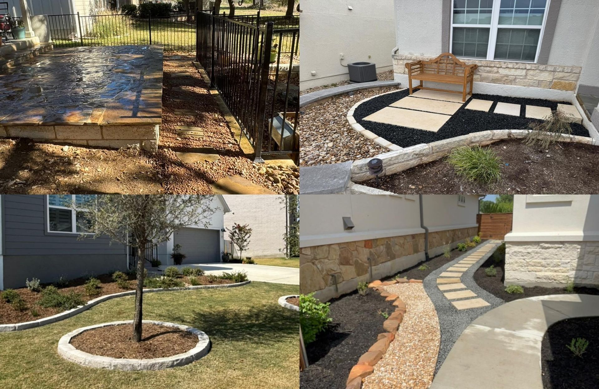 Landscaping project: flowerbeds with stone borders, stepping stones, and decorative mulch.