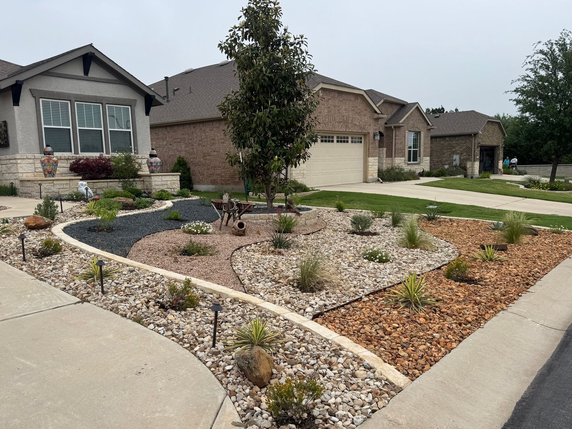 Front yard landscaping with rocks, plants, and a small tree in front of a suburban home.