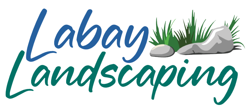 Logo for Labay Landscaping featuring text and illustrations of grass and rocks.