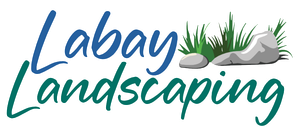 Logo for Labay Landscaping featuring text and illustrations of grass and rocks.