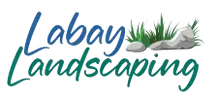 Logo for Labay Landscaping featuring stylized text and a visual of grass and stones.
