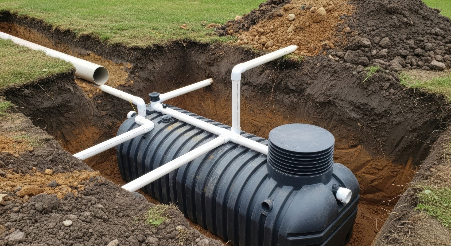 Underground plastic septic tank being installed with PVC plumbing connections. Underground plastic septic tank being installed with PVC plumbing connections.