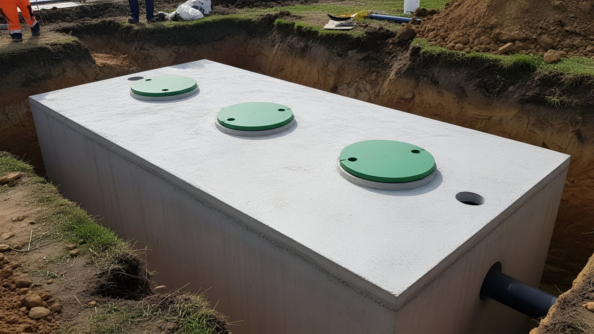 Large concrete septic tank with green access lids and a drainage pipe.