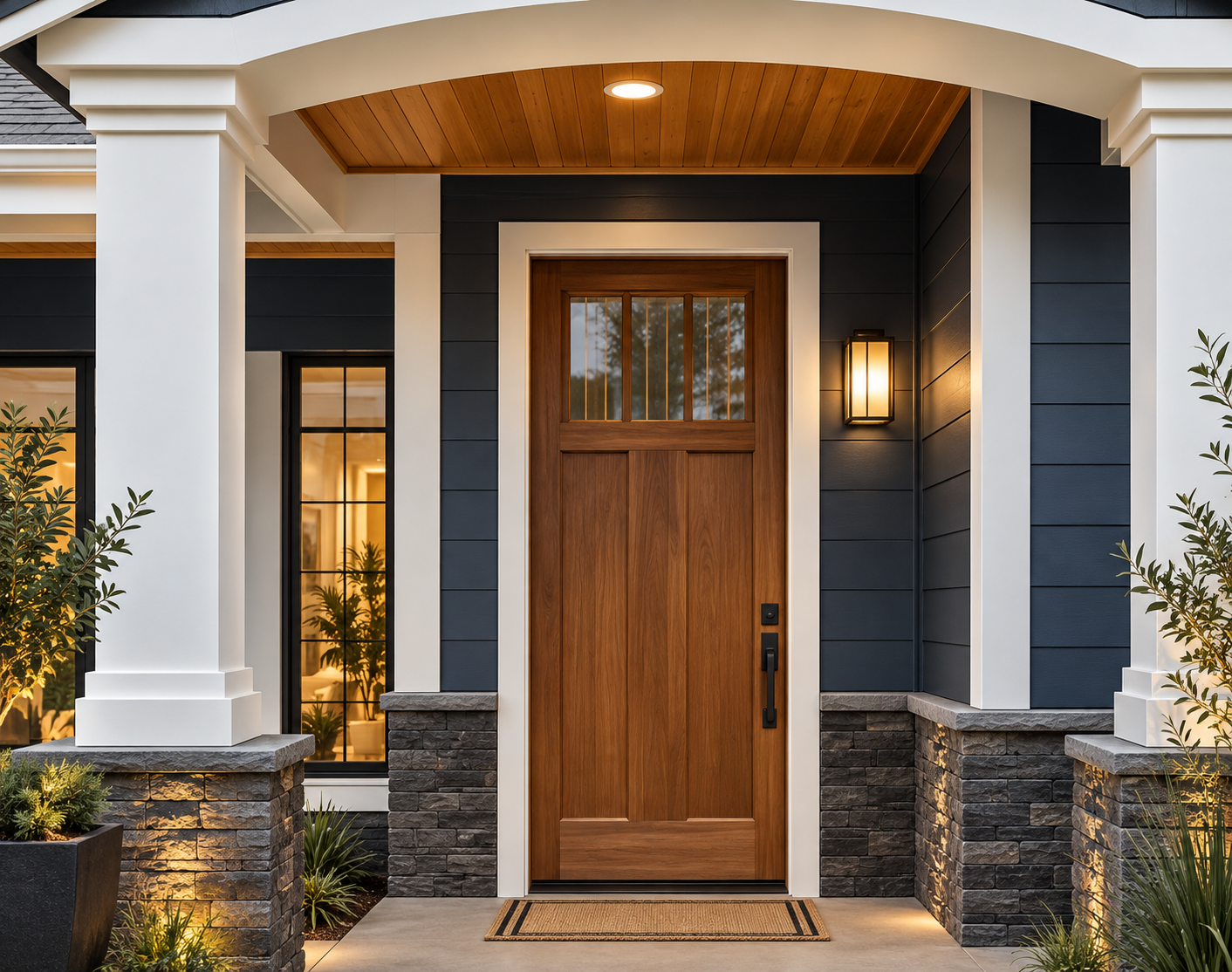 Front entrance of a modern home with a wooden door, white columns, and stone-accented blue siding at dusk